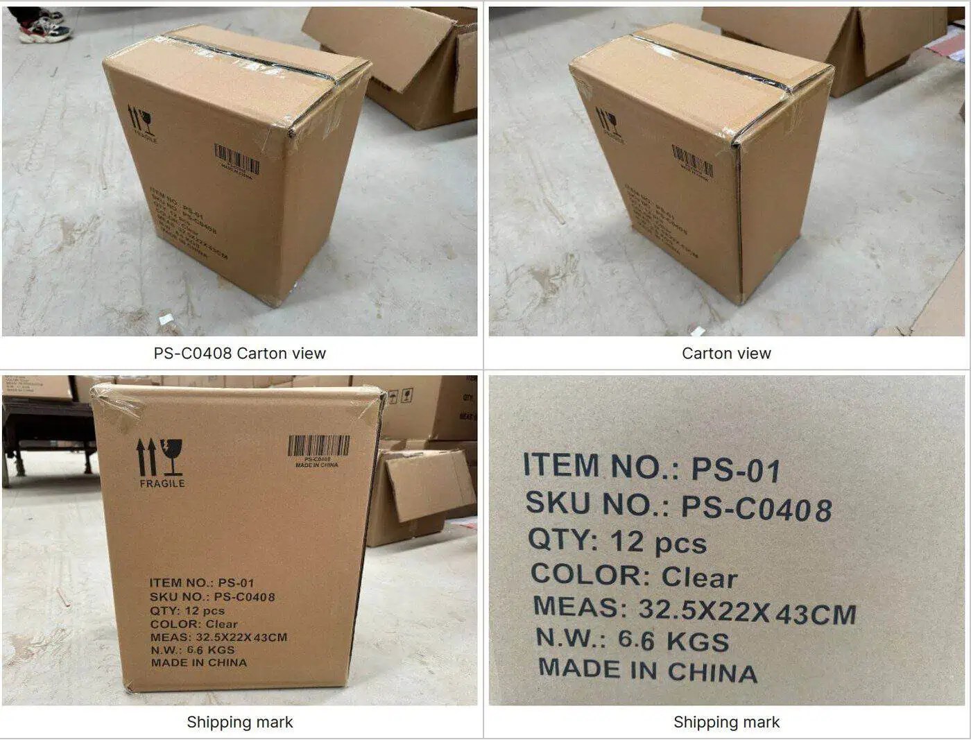 Cajas de cartón para exportación con etiquetas personalizadas destinadas al envío de artículos de cristalería a EE. UU., en las que figuran el código de referencia (SKU), las dimensiones y las marcas de envío impresas en inglés para cumplir con la normativa de importación para la venta al por menor