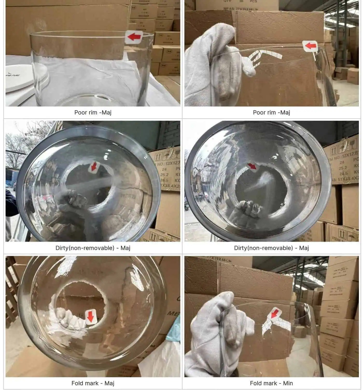 Defectos detectados en la inspección de calidad previa al envío en una fábrica de cristalería china: se identificaron y rechazaron antes de la exportación un acabado deficiente del borde, suciedad imposible de eliminar y marcas de pliegues
