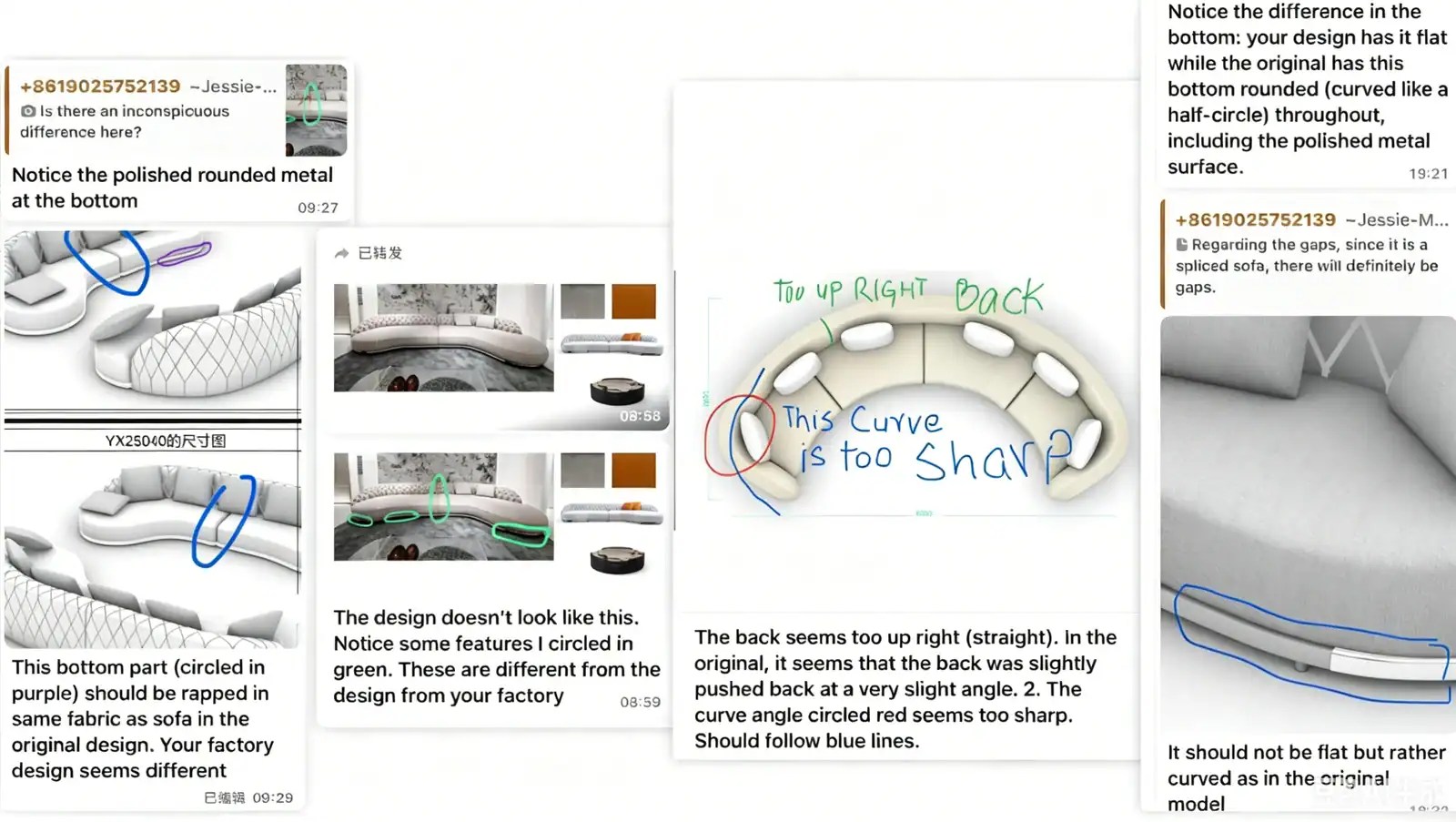 Annotated sofa renderings showing the client's revision notes on curve, back angle and base