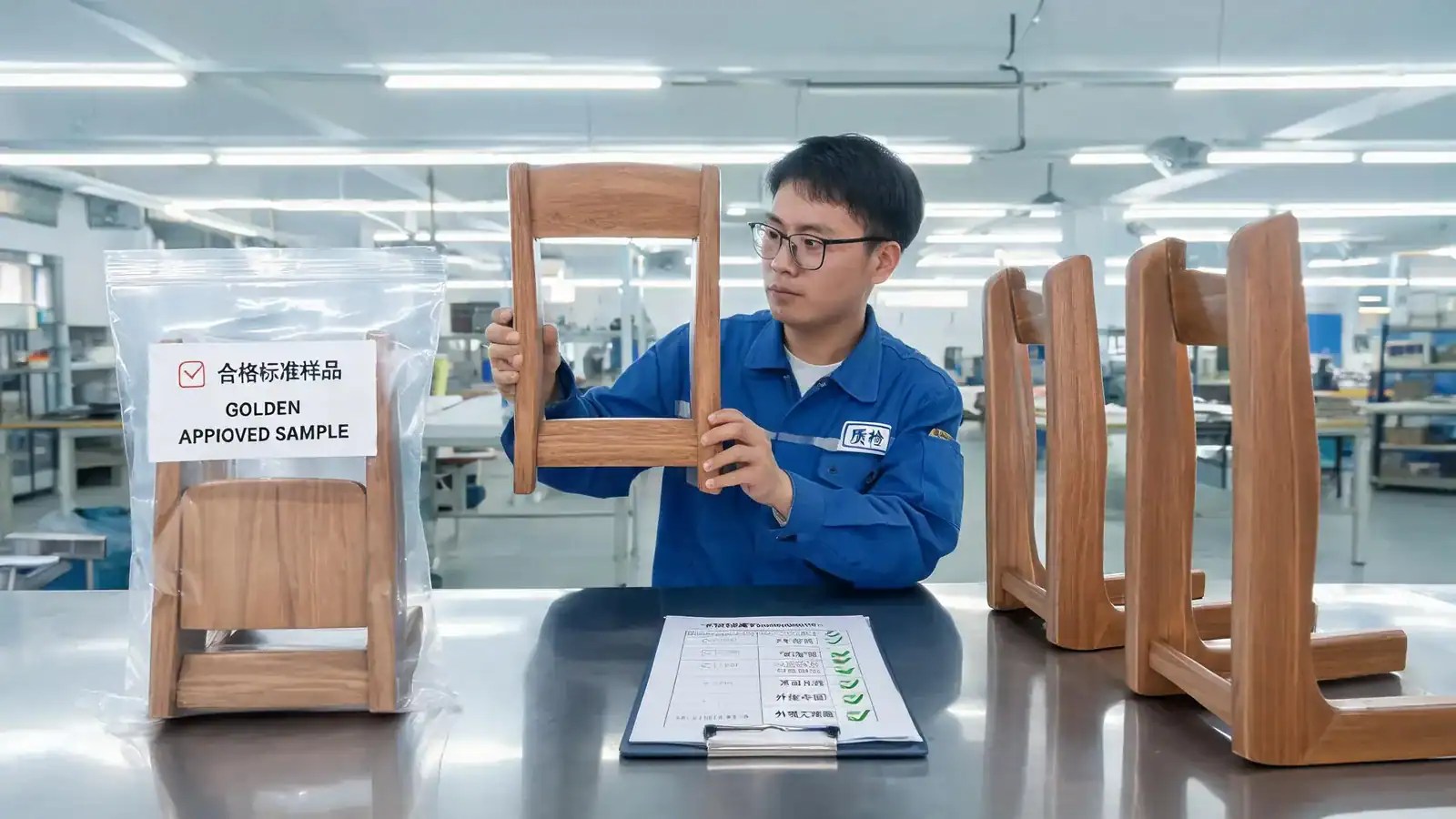 Sealed approved sample kept as the production reference while an inspector checks finished units against it on the factory floor