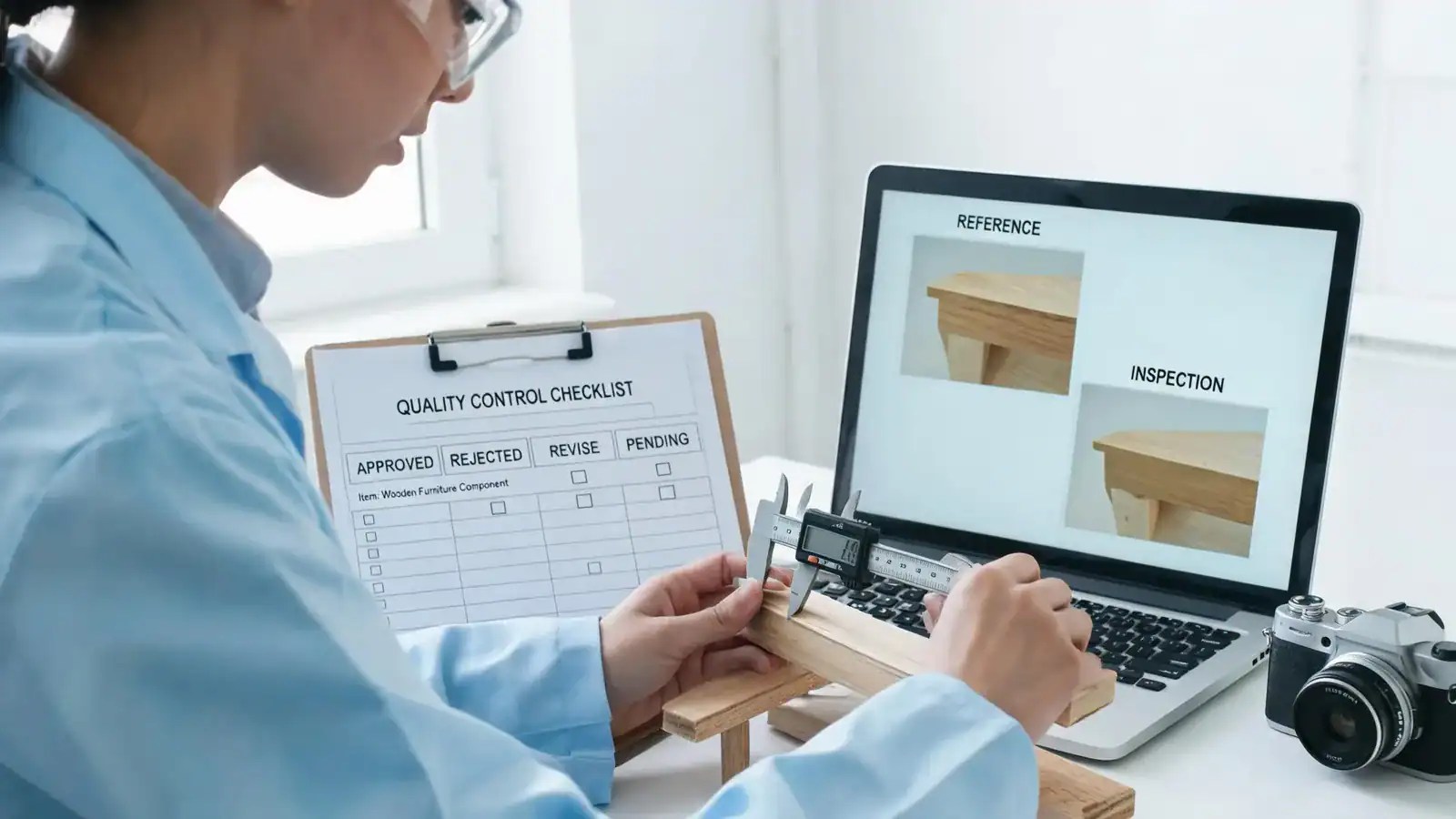 Sample review checklist marking each point approved, rejected, revise or pending, with the reference photo and the inspection photo compared side by side