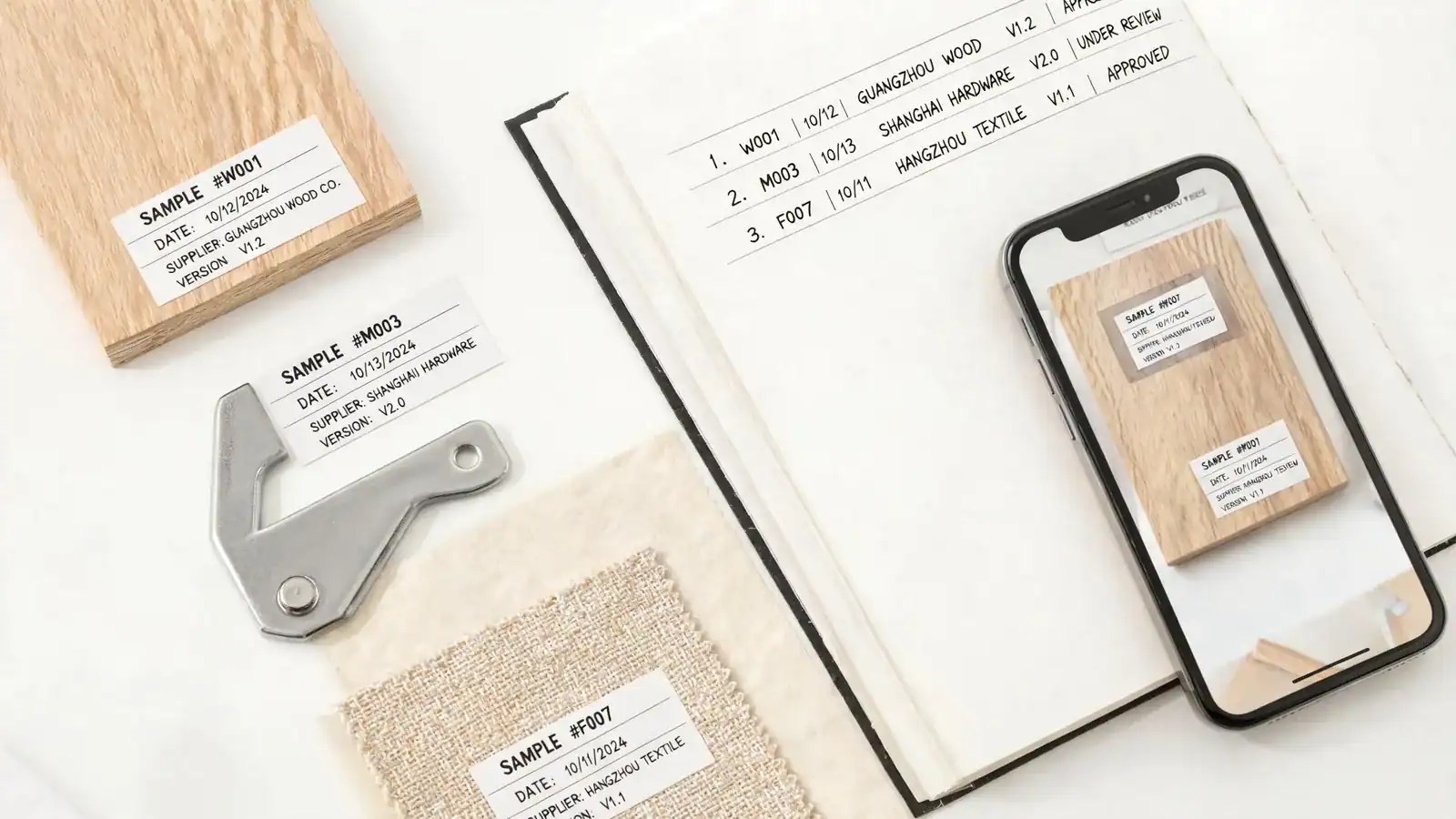 Samples labelled with sample number, date, supplier and specification version, recorded in a sample log beside a photo of the labelled item