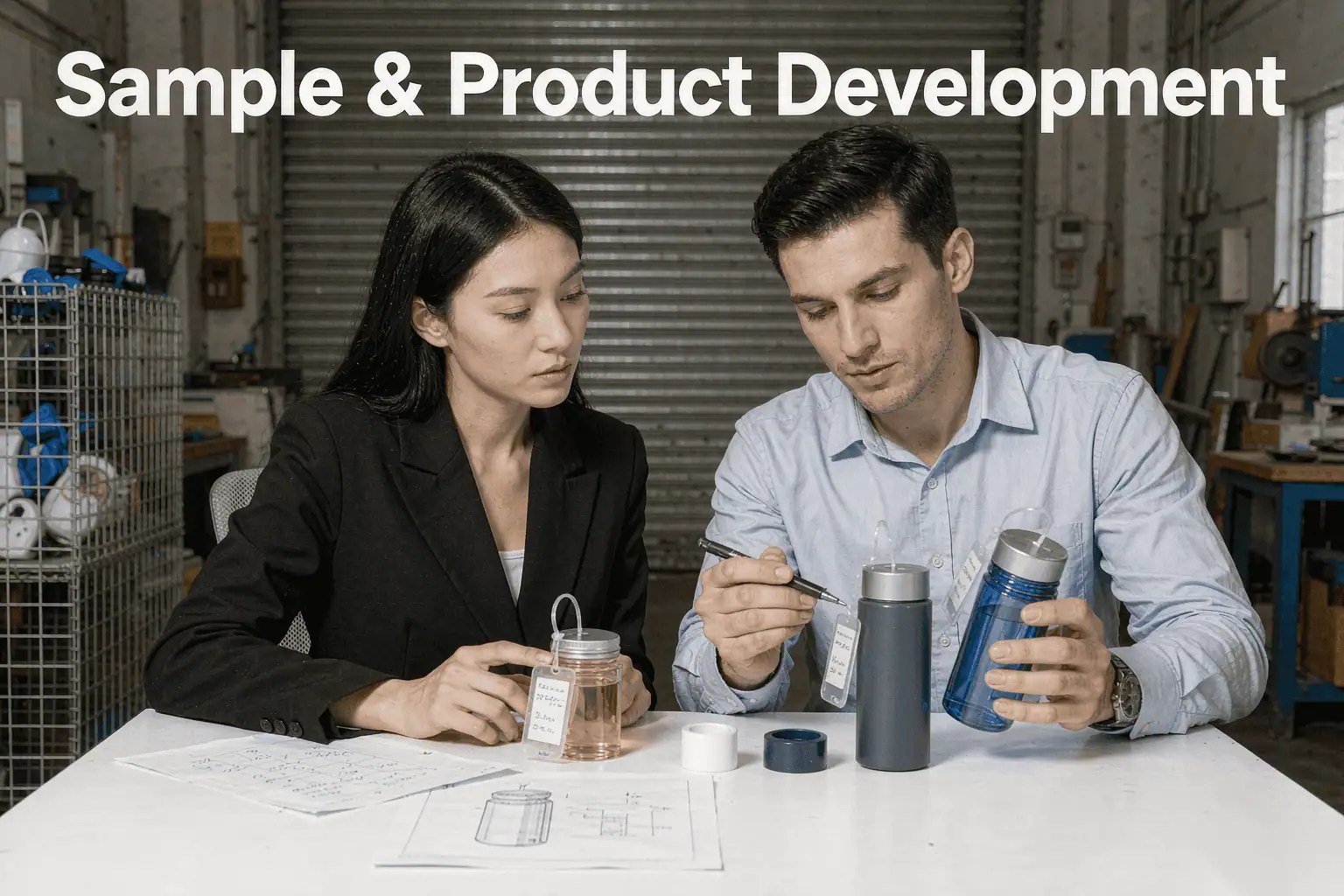 3-sample-and-product-development A buyer and a sourcing agent comparing product sample versions against an approved specification sheet before production