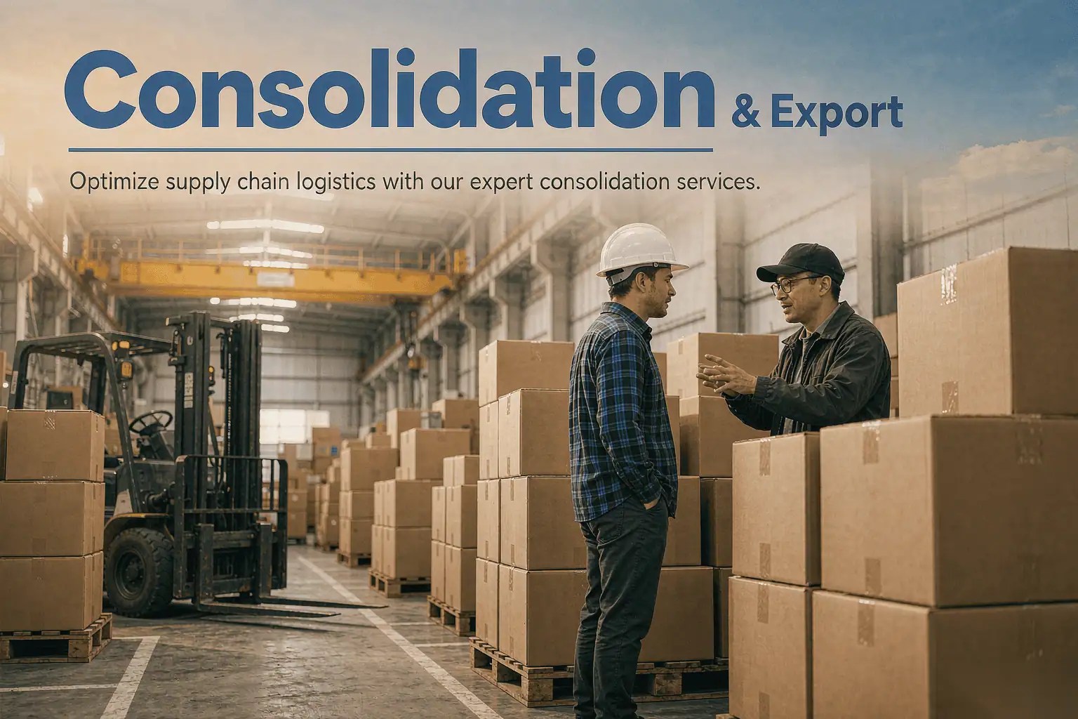 5-consolidation-and-export-preparation Warehouse staff coordinating cartons from multiple suppliers, labelling and stacking them for container loading