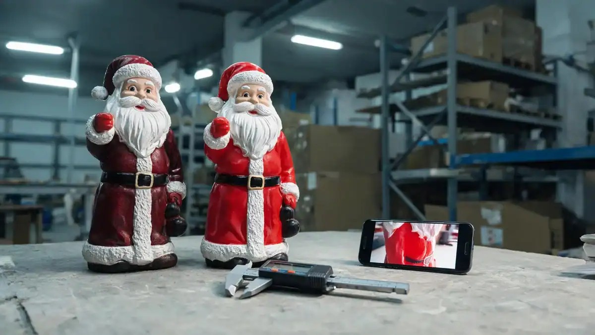 Production Santa figure and approved reference side by side showing a colour difference, with a digital caliper and a reference photo
