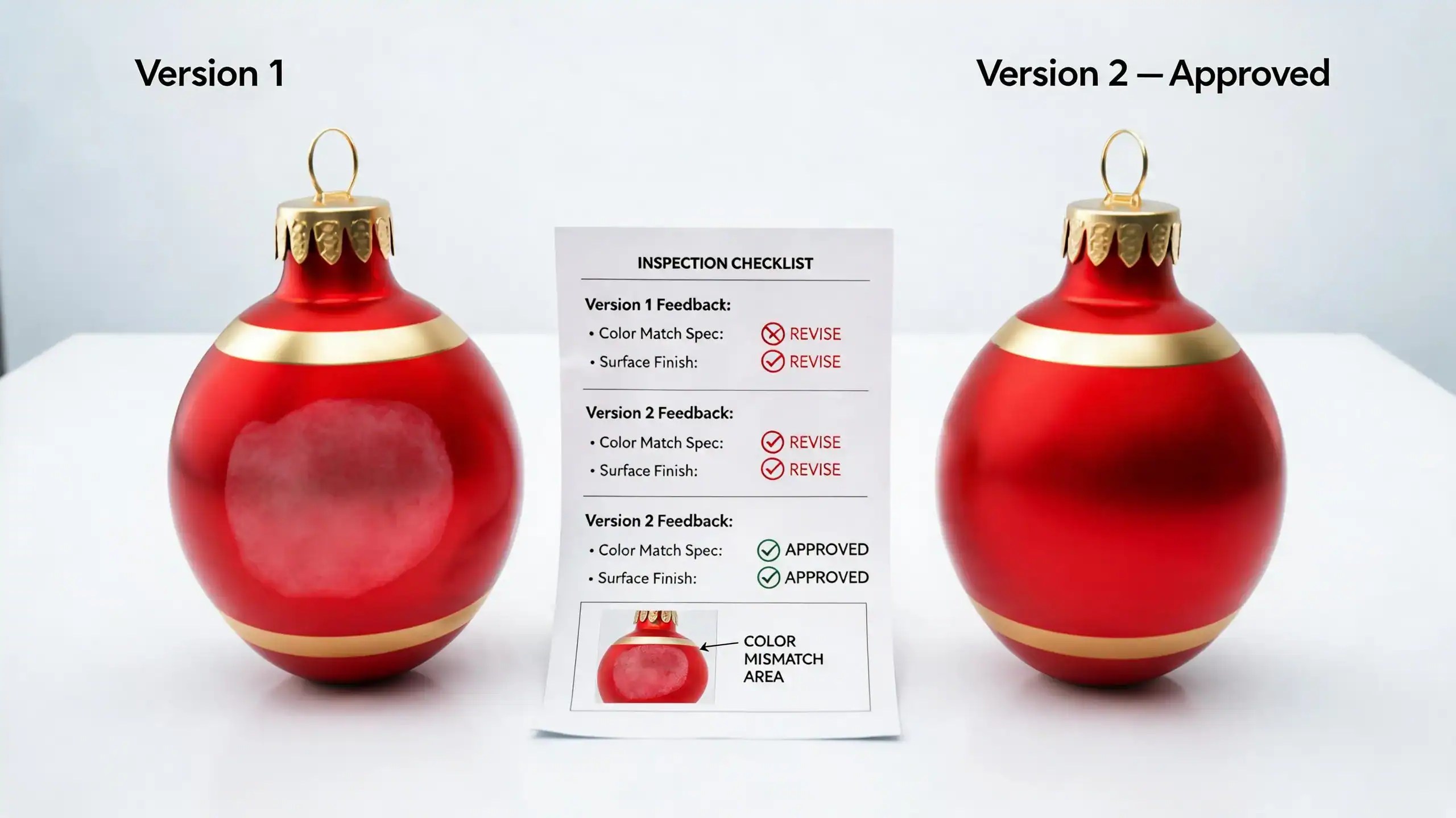 Two red and gold Christmas ornament samples labelled version 1 and approved version 2 beside an inspection checklist