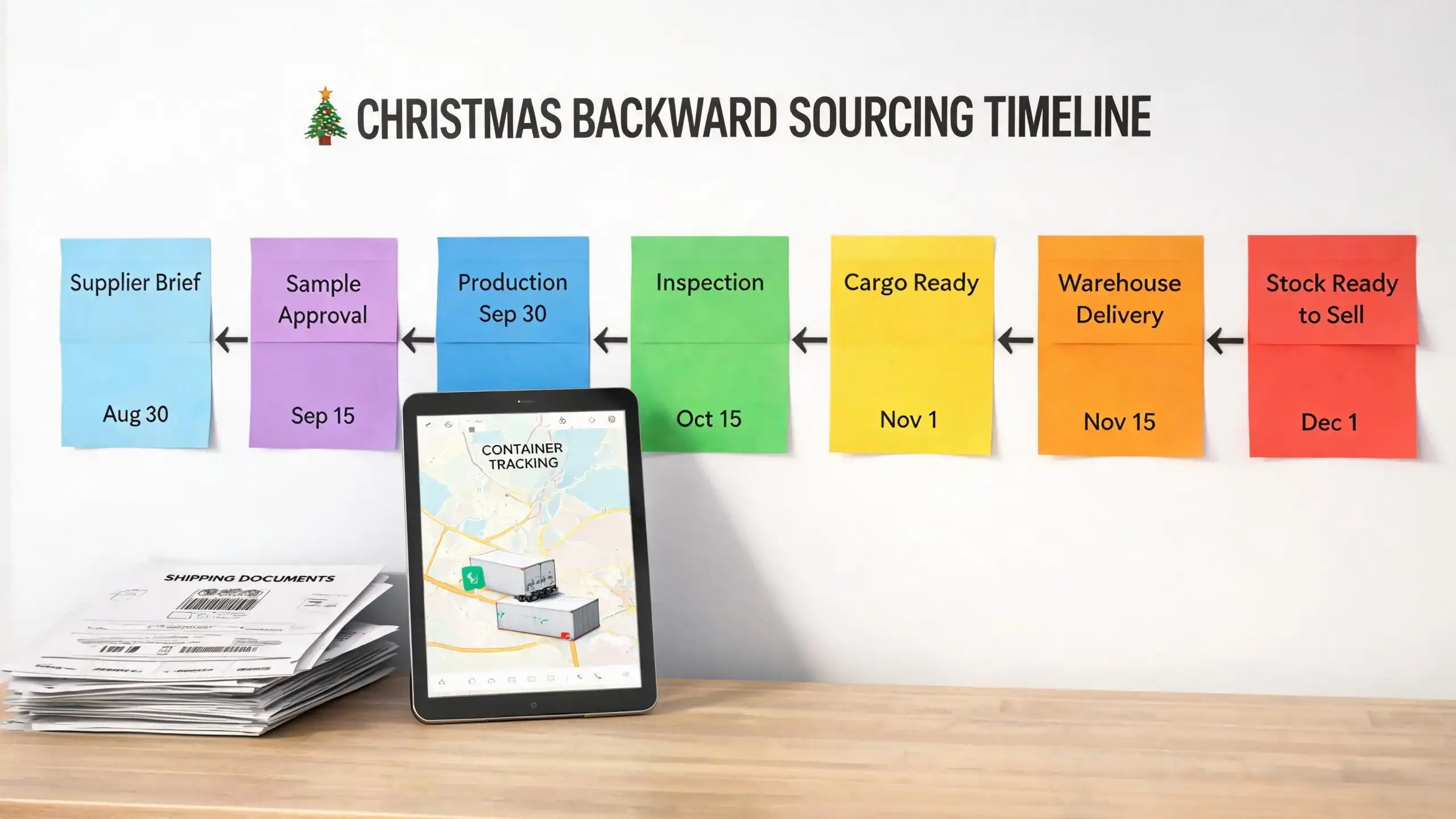 Christmas product sourcing timeline planned backward on sticky notes from stock ready to sell to supplier brief