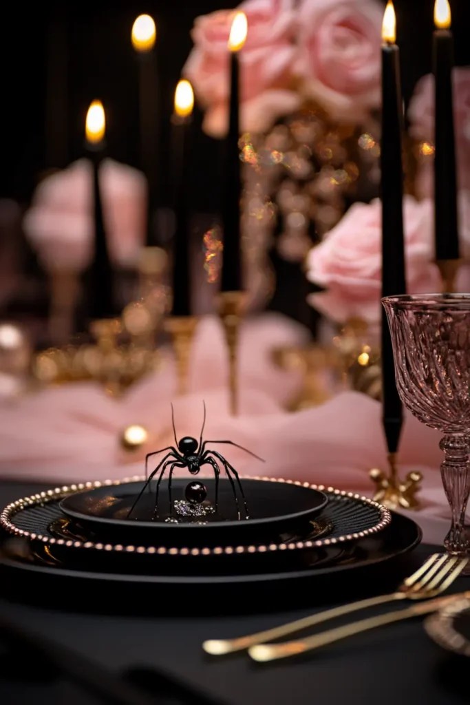 Halloween Table Decor Ideas - gold cutlery, black dinnerware, spooky spider decor