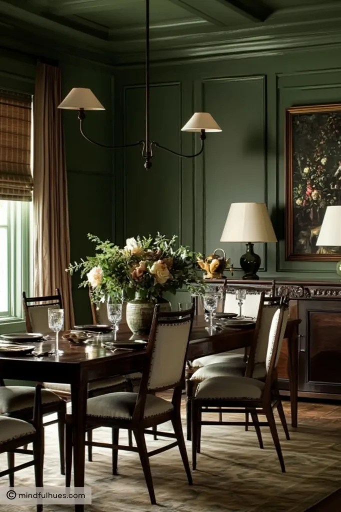 Cozy dining room with dark green walls and dark wood accent