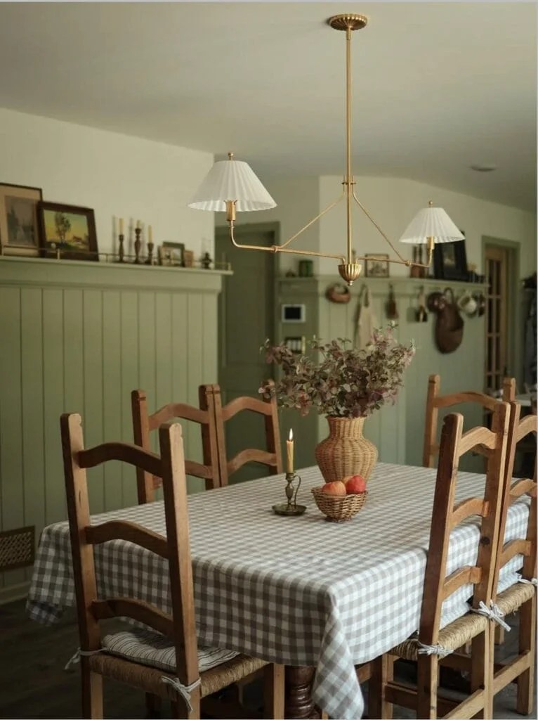 dining room with green walls and brass chandelier