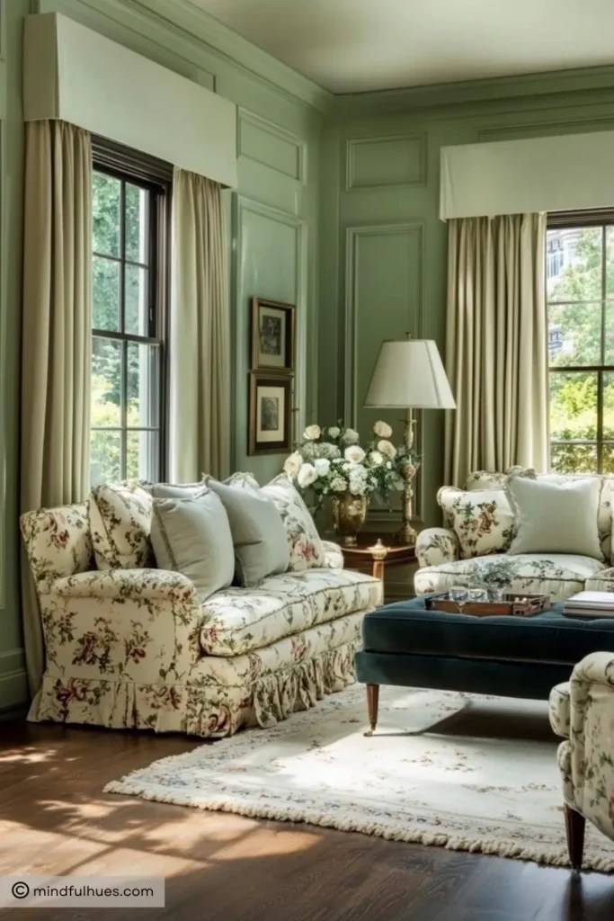 lively green living room with floral sofa