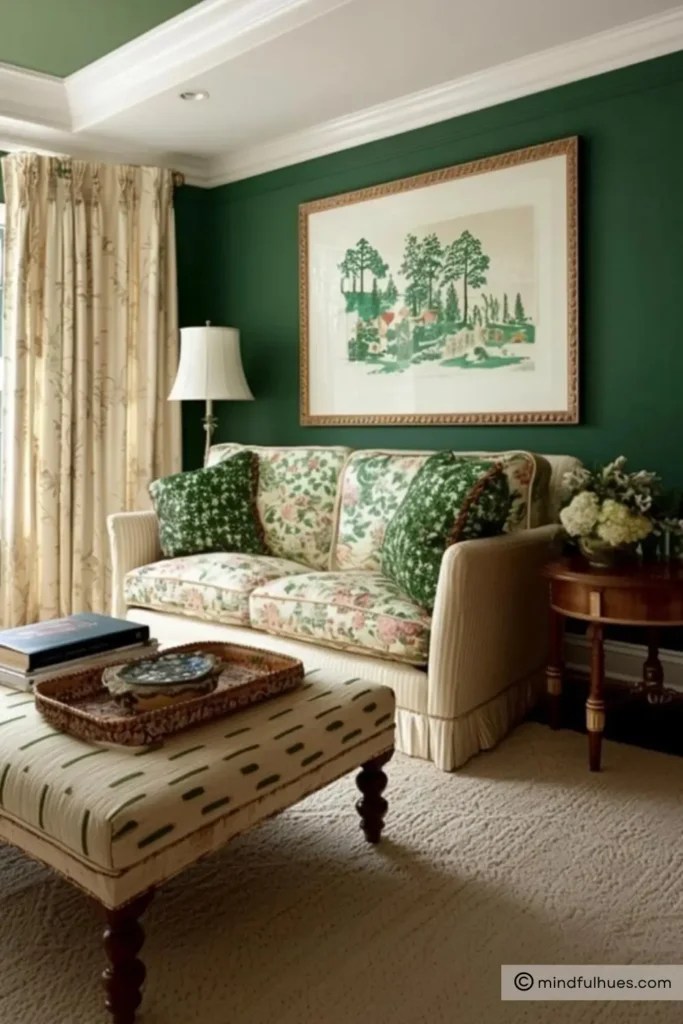 Modern living room with green walls, wood furniture and natural textures
