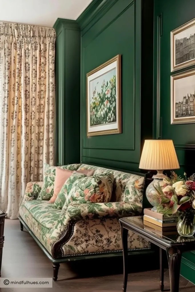 cozy moody living room with green walls and floral couch
