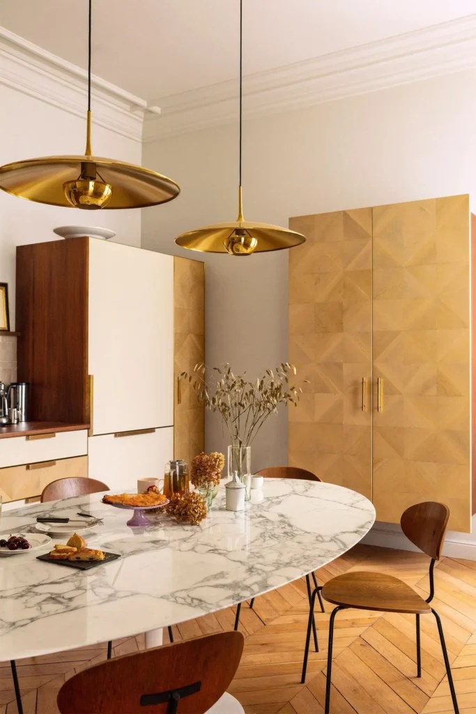 two pendant lights over the dining table