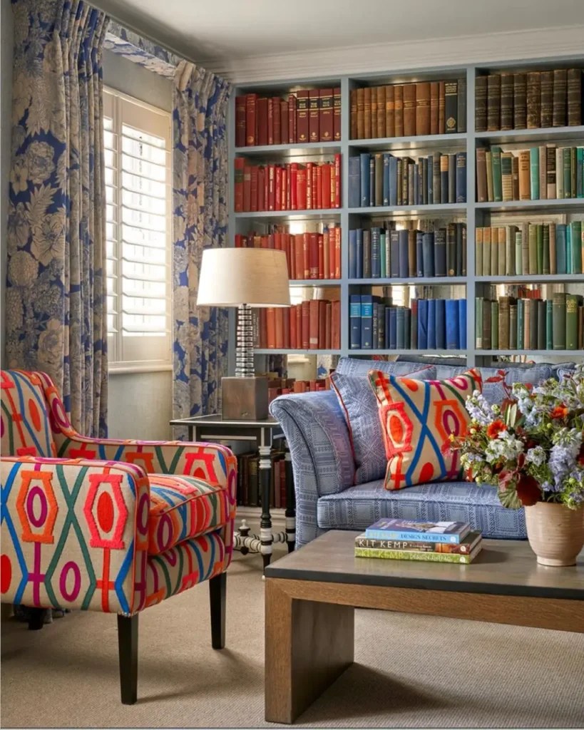 Blue sofa red mixed patterns colors