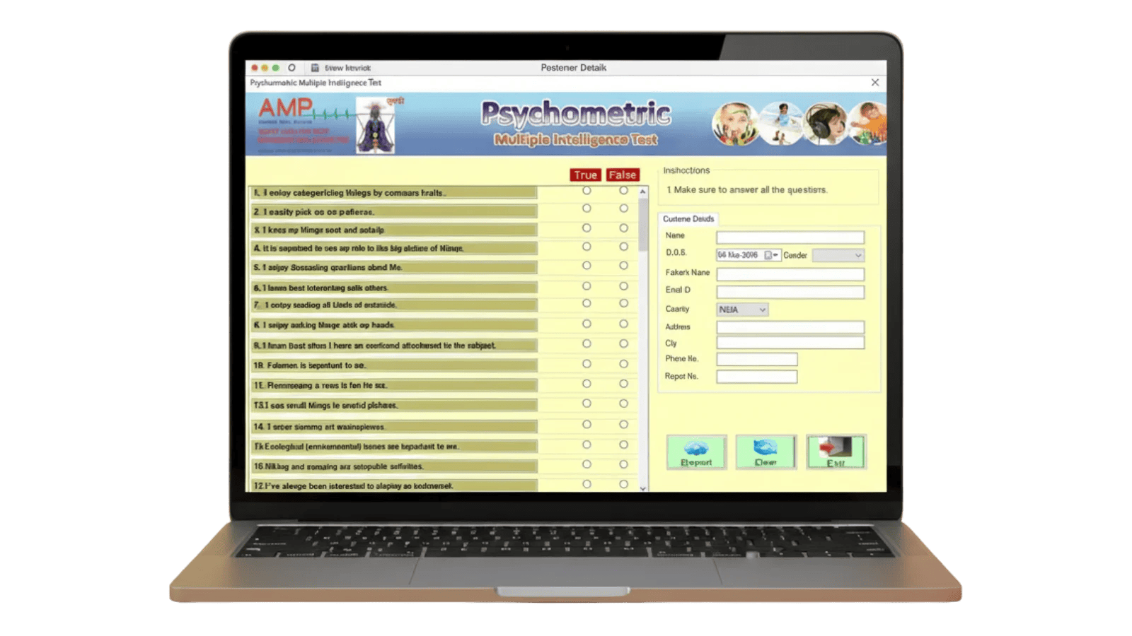 Screenshot of AMP Psychometric Multiple Intelligence Test software with True/False question interface