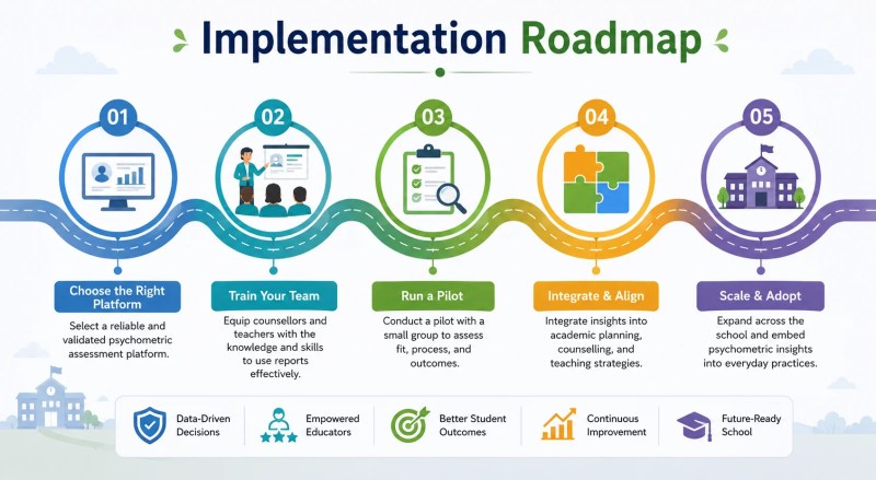 The major steps involved in implementing psychometric testing in schools.