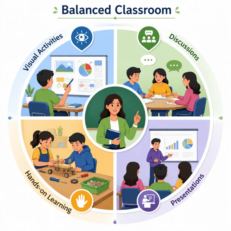 Educational infographic showing how balanced teaching methods can engage different learning styles within a classroom.
