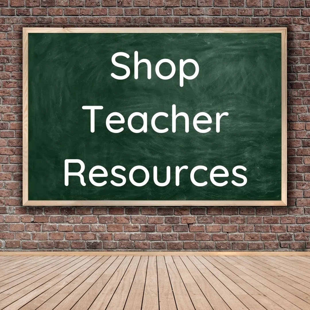 Image shows a chalkboard with words, "Shop Teacher Resources" from www.mindstogrow.ca