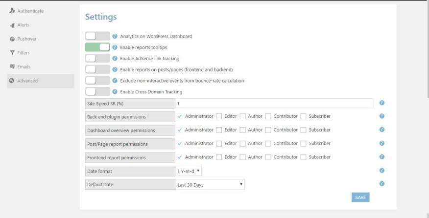 Settings - Google Analytics WD plugin