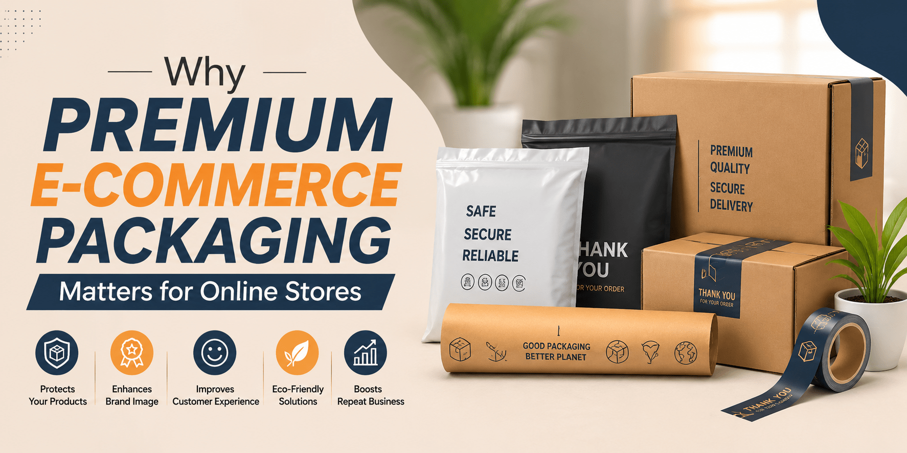 Premium e-commerce packaging materials for online stores with branded boxes and protective shipping