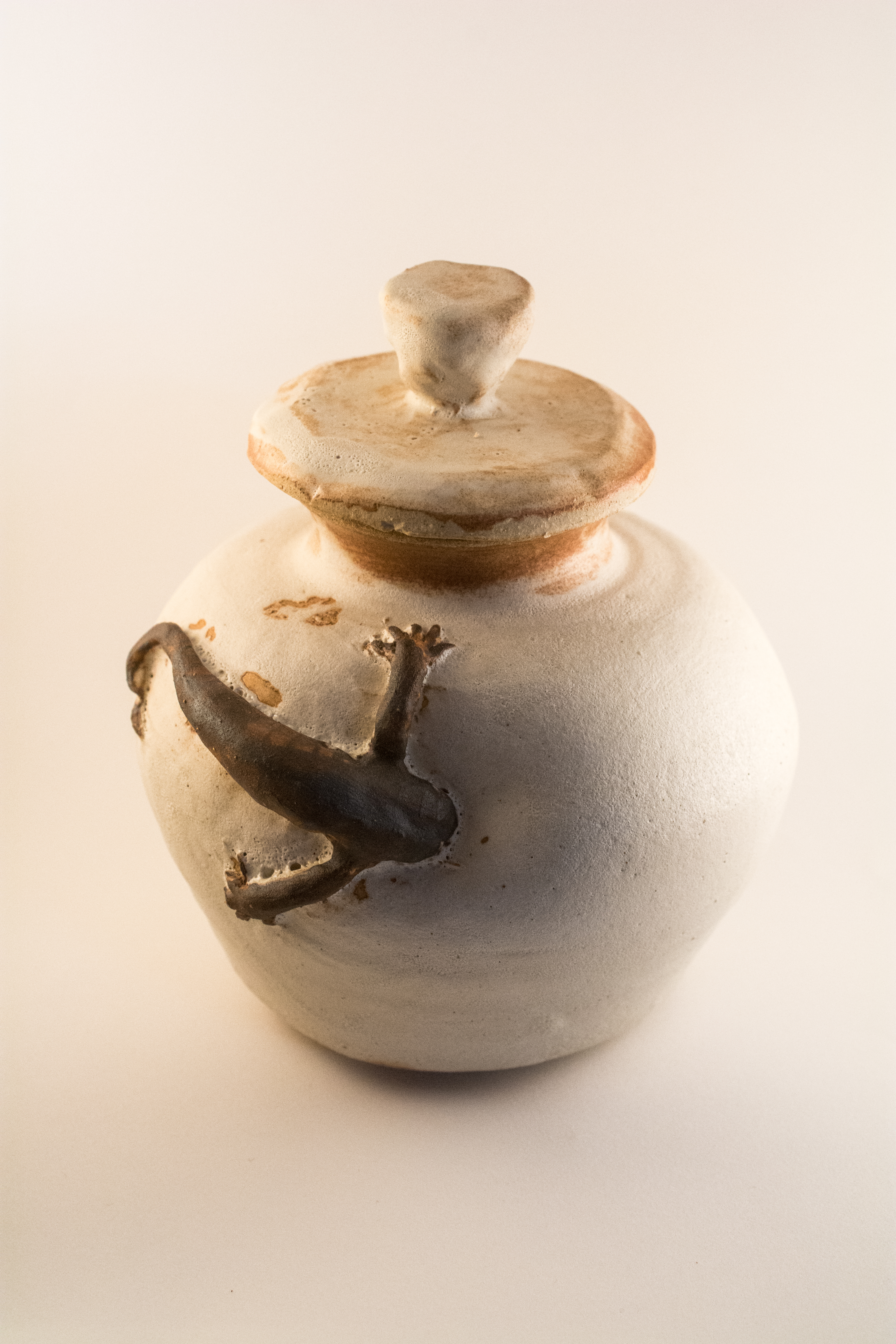 Lizard Lidded Pot (Cone 10, Unknown White and Brown Glazes)