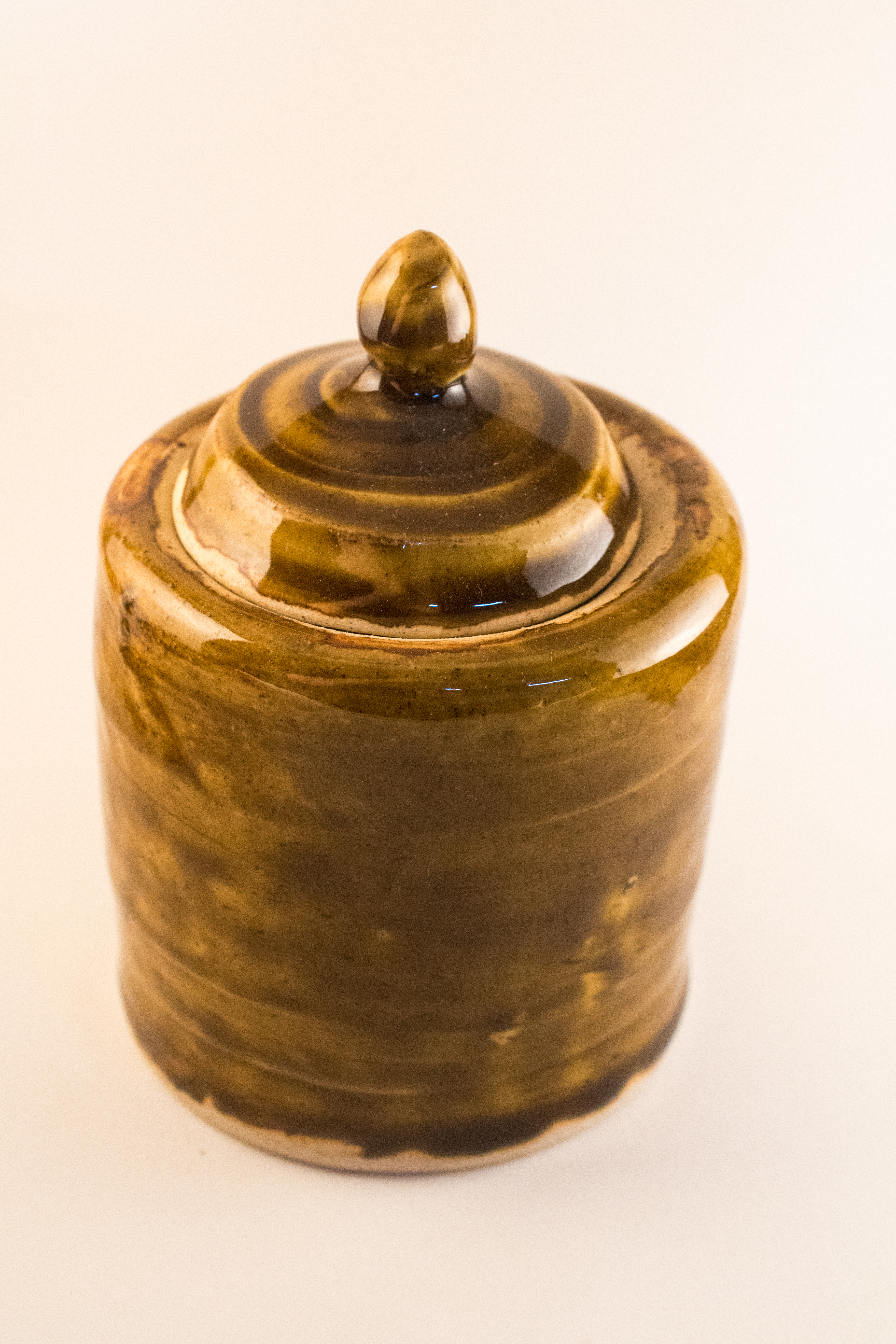 Small Lidded Container, 1 of 3 (Cone 10, Amber Celadon Glaze)