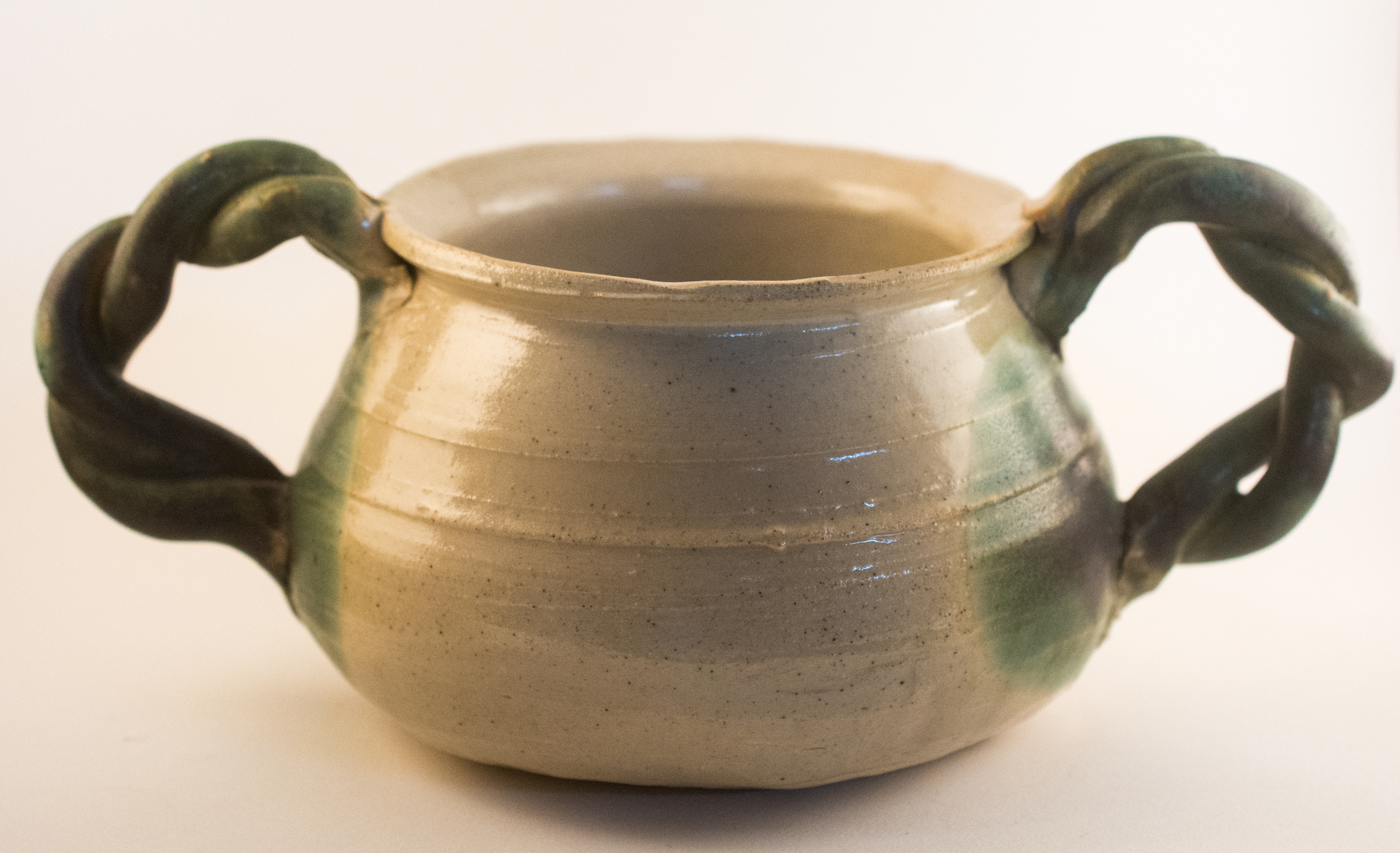 Handled Pot (Cone 10, unknown glazes)