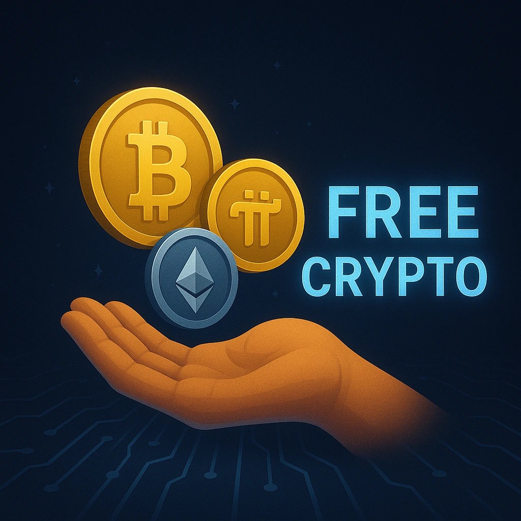 Free crypto featured image of a hand holding BTC, ETH and Pi Network coins