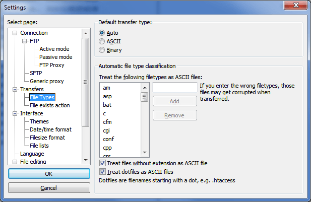 FileZilla - ASCII Transfer File Types