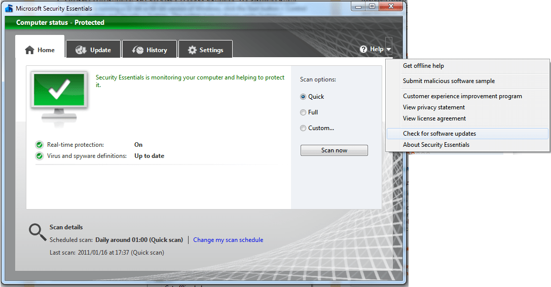 Microsoft Security Essentials - Manually Check for Software Updates