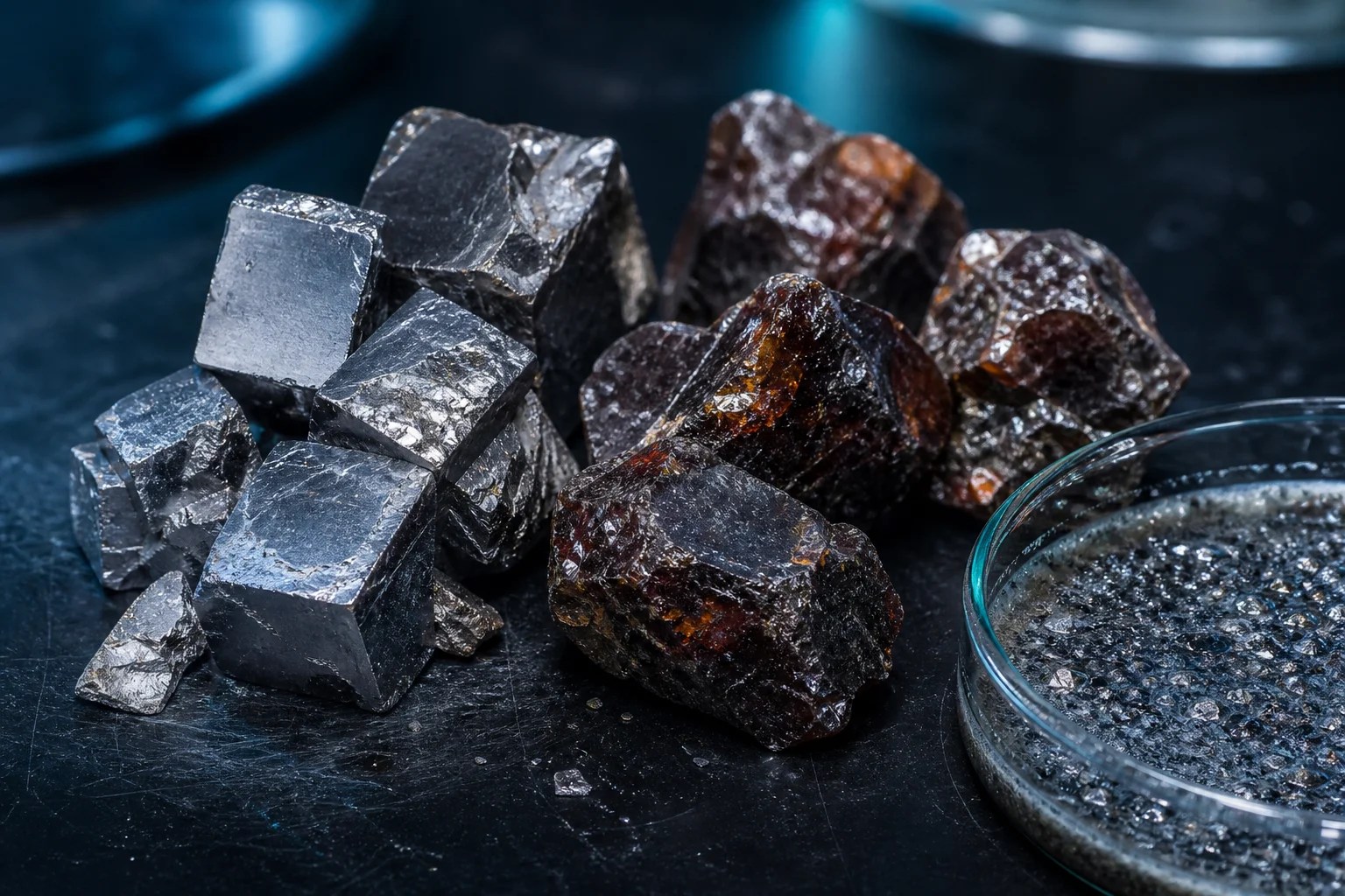 Silvery galena cubes and dark resinous sphalerite ore beside a dish of mineralised flotation froth