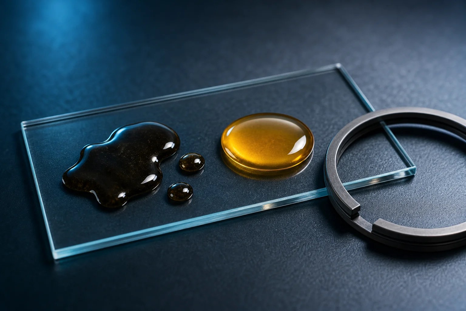 Dark soot-loaded diesel engine oil beside fresh amber engine oil and a diesel piston ring