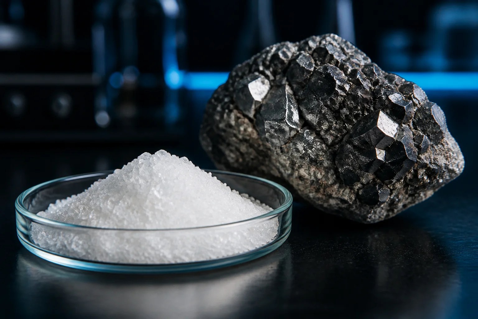 White zinc sulfate crystals beside a dark sphalerite ore sample