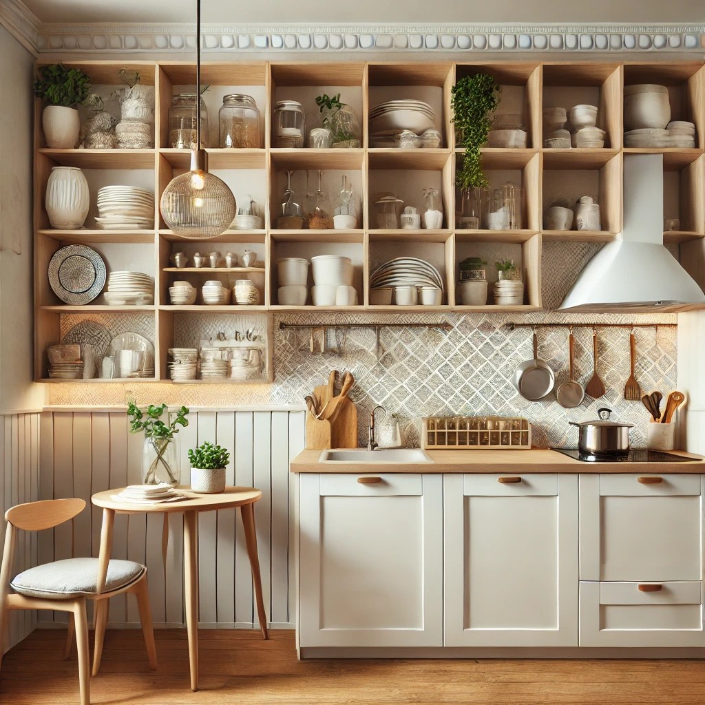 Cozinha pequena decorada com prateleiras abertas, utensílios organizados e elementos funcionais