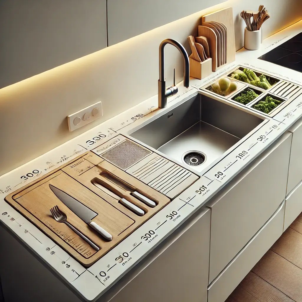 Bancada de cozinha moderna e funcional, equipada com uma pia otimizada e acessórios organizadores. A imagem destaca um escorredor embutido e uma área de preparo inteligente para economizar espaço.