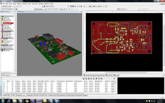 Circuit board layout and 3D electronics design view.