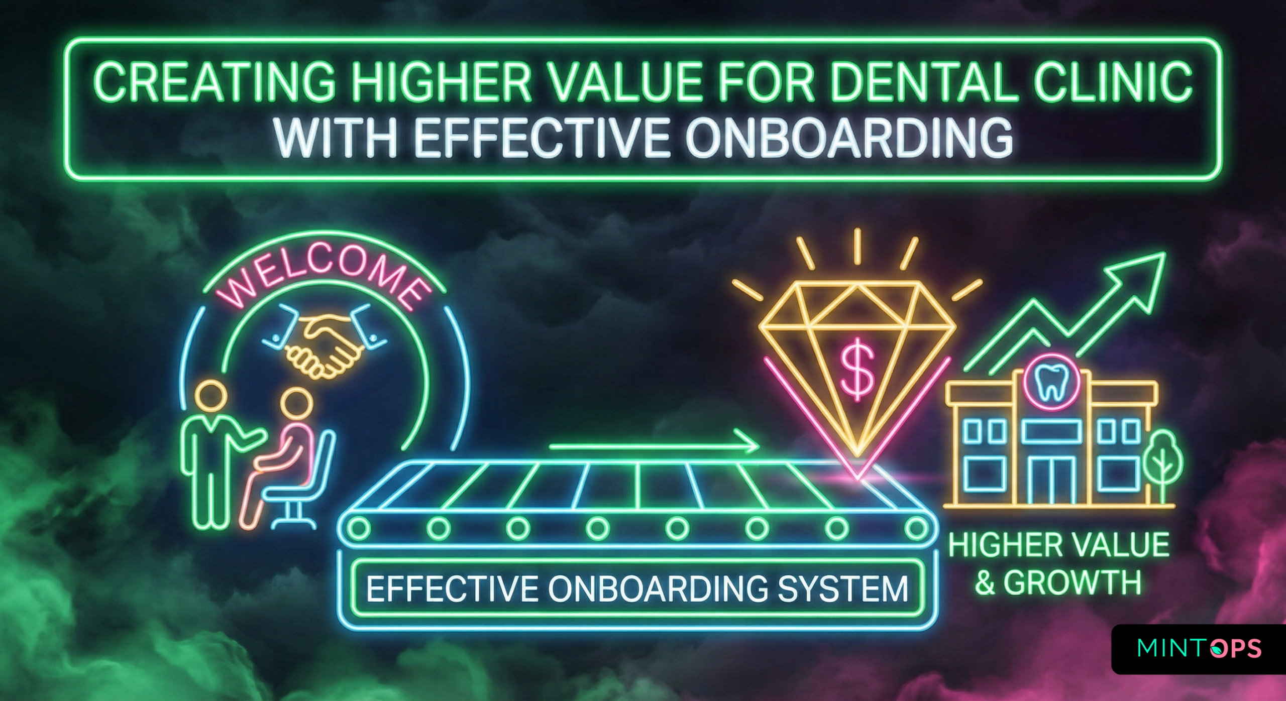 Neon infographic illustration showing a 'Welcome' handshake leading into an 'Effective Onboarding System' conveyor belt, which produces a diamond and a growing dental clinic. The text reads 'Creating Higher Value for Dental Clinic with Effective Onboarding' in neon green on a dark smoky background.