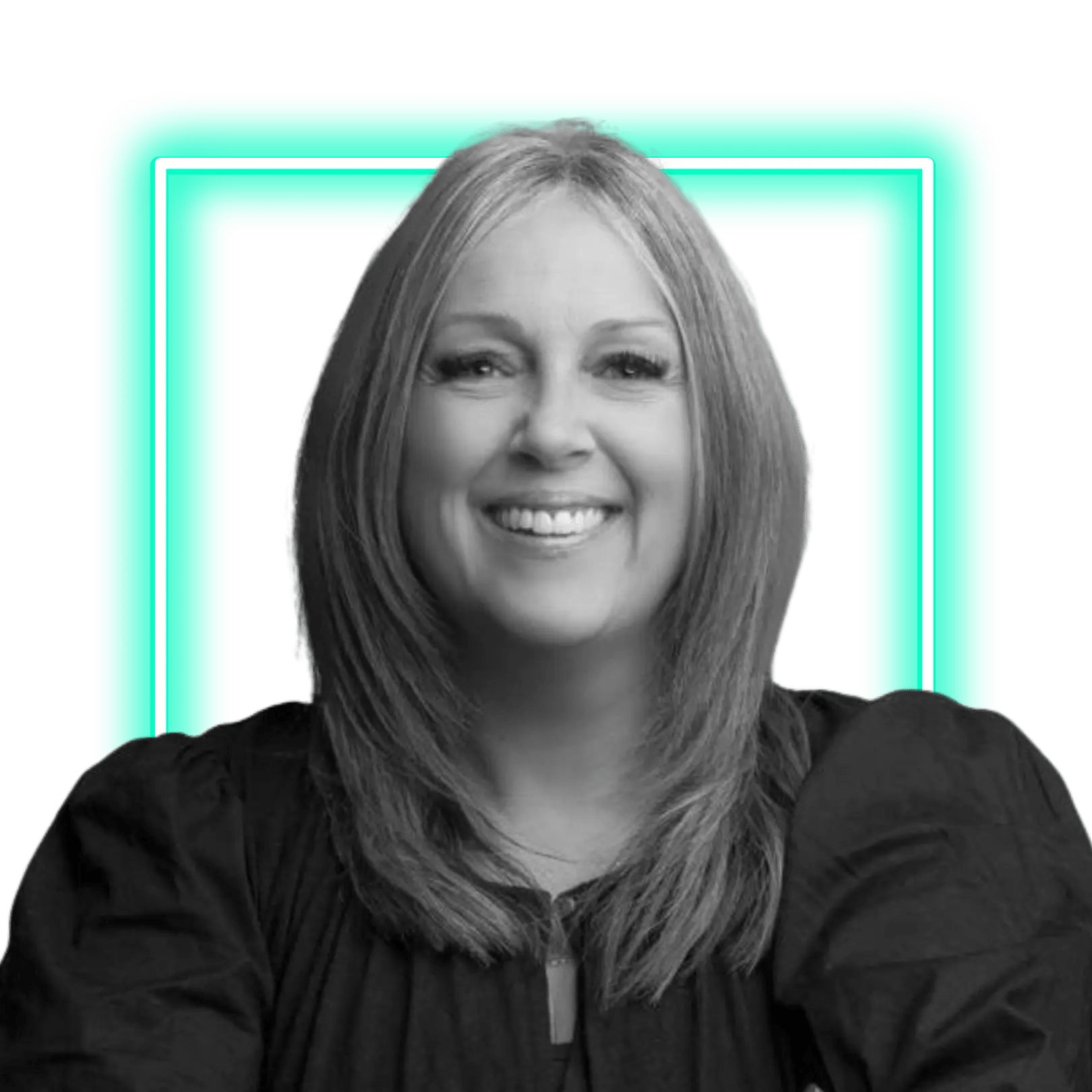 Smiling woman in grayscale with shoulder-length hair, framed by a bright turquoise double border background.