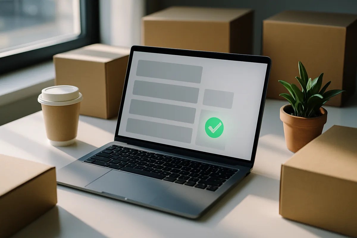 Laptop showing a product-listing mockup with a green checkmark, illustrating Amazon listing optimization
