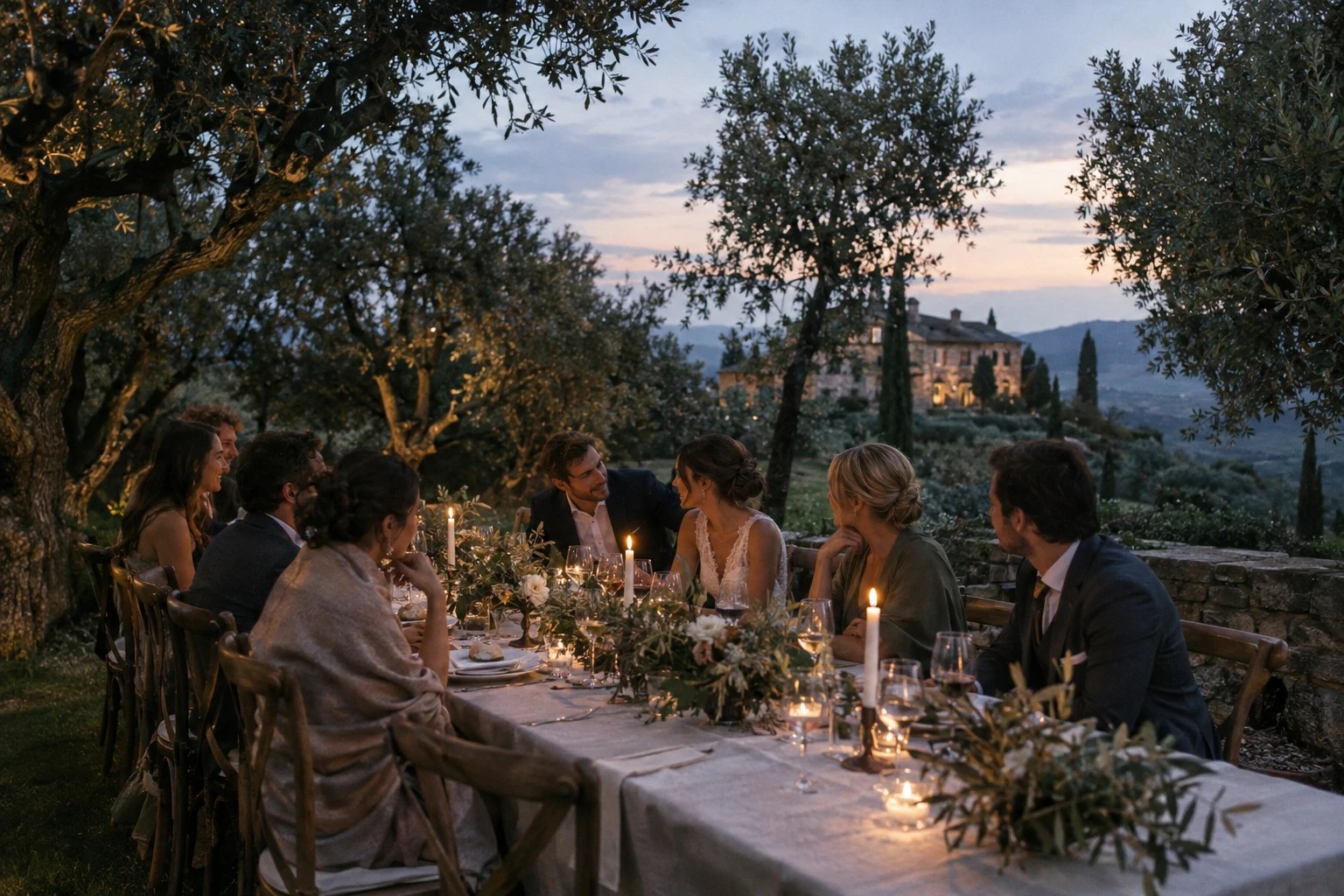 Wedding dinner beneath olive trees at twilight
