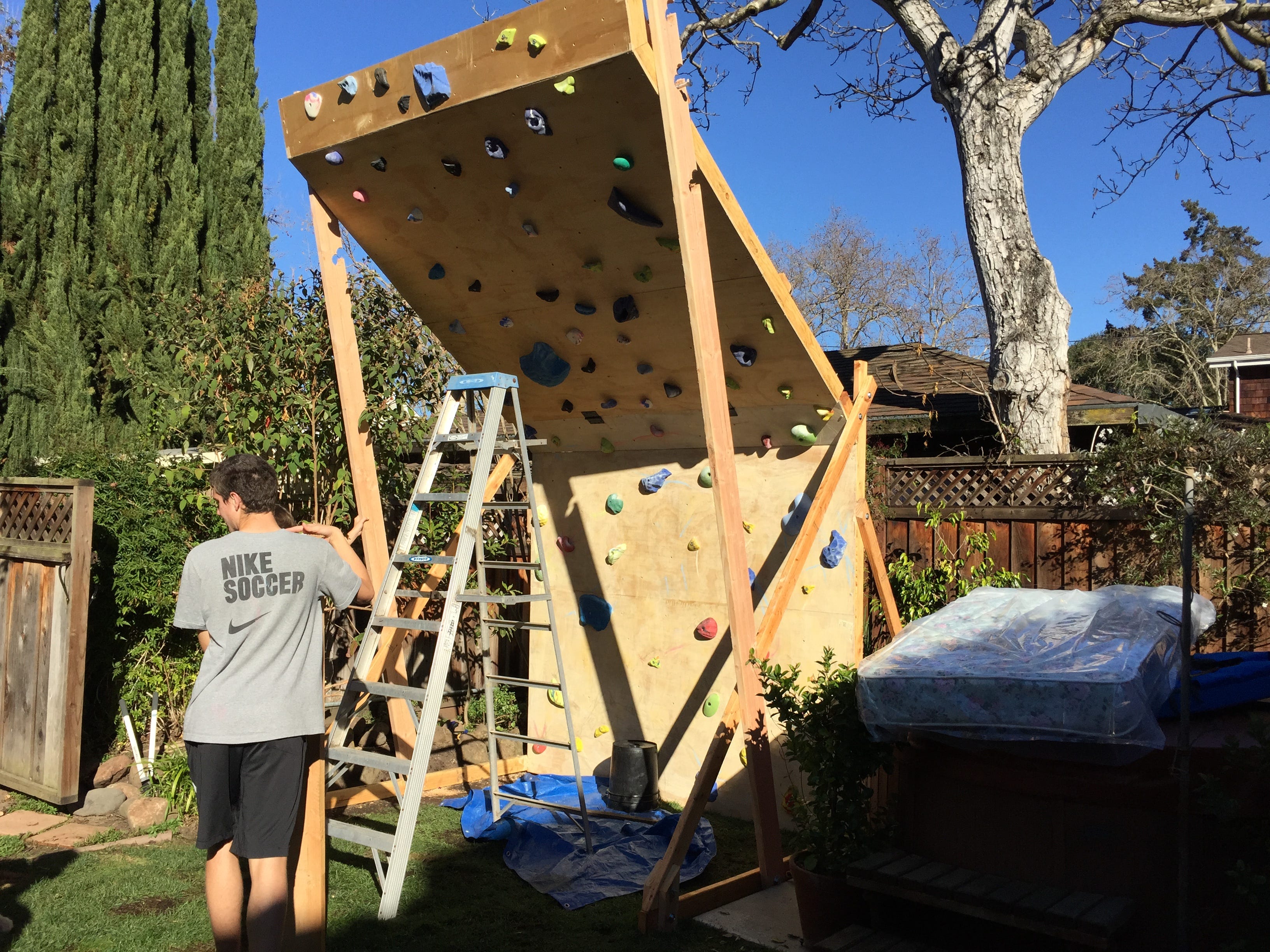 Rock climbing wall in backyard