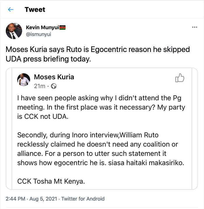 Gatundu south mp moses kuria has unveiled another political outfit following wrangles within the people's empowerment party (pep). Is This Facebook Post Purporting That Moses Kuria Called Dp Wiliam Ruto Egocentric Legitimate Piga Firimbi