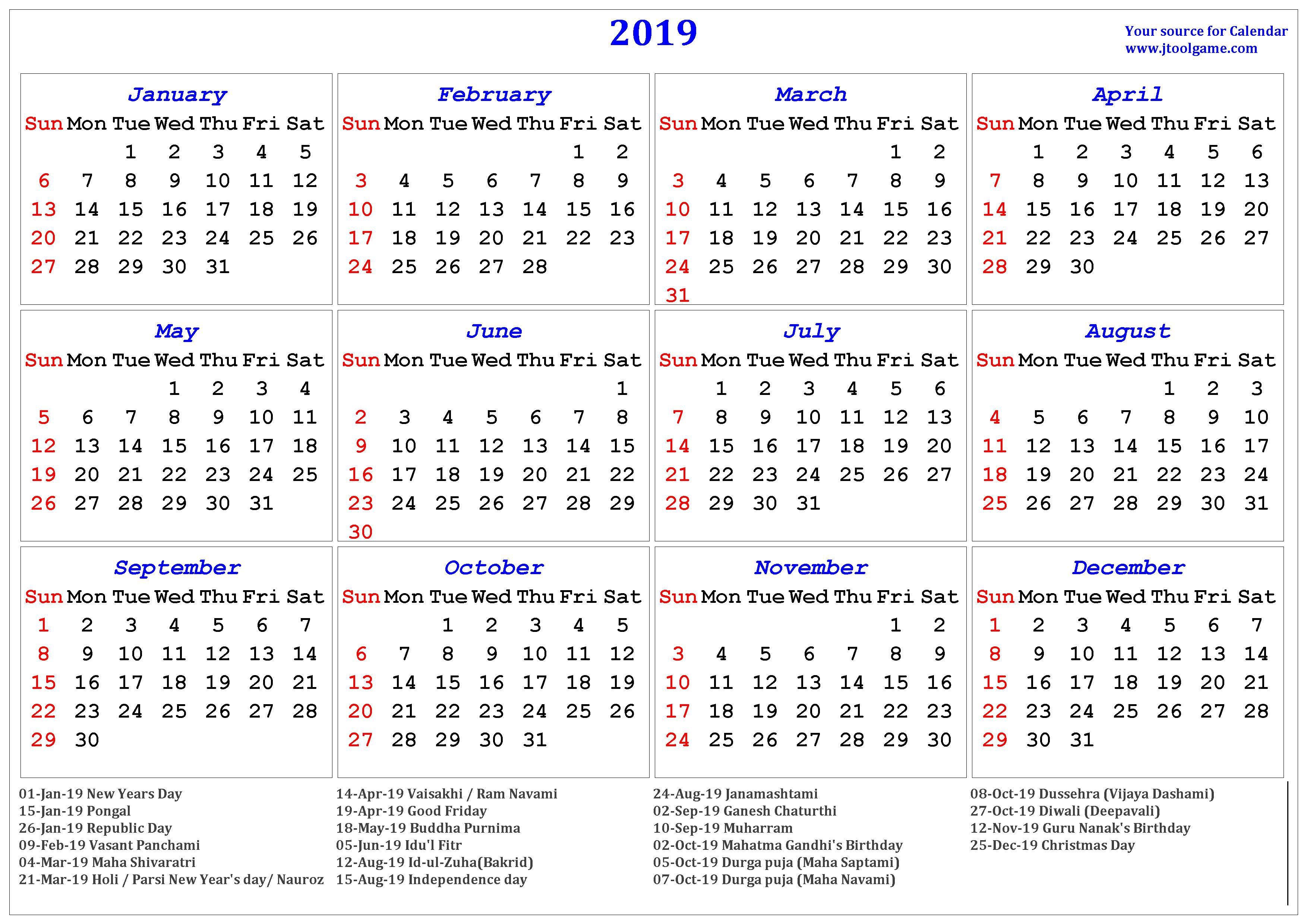 Bangalore Press E Calendar 2019 Pdf Download [Google Sheet 1.8mb] 