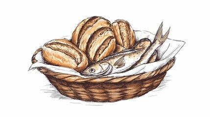 A sketch of a woven basket containing five round loaves of bread and two fish. This represents what Jesus used when He fed 5000 people. God will provide.