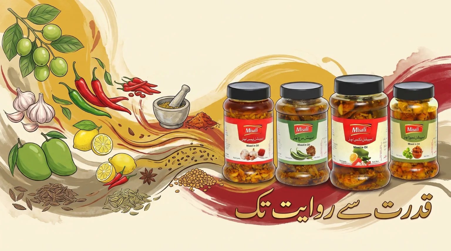 An assortment of Misali mixed pickles with ingredients illustrated in the background.