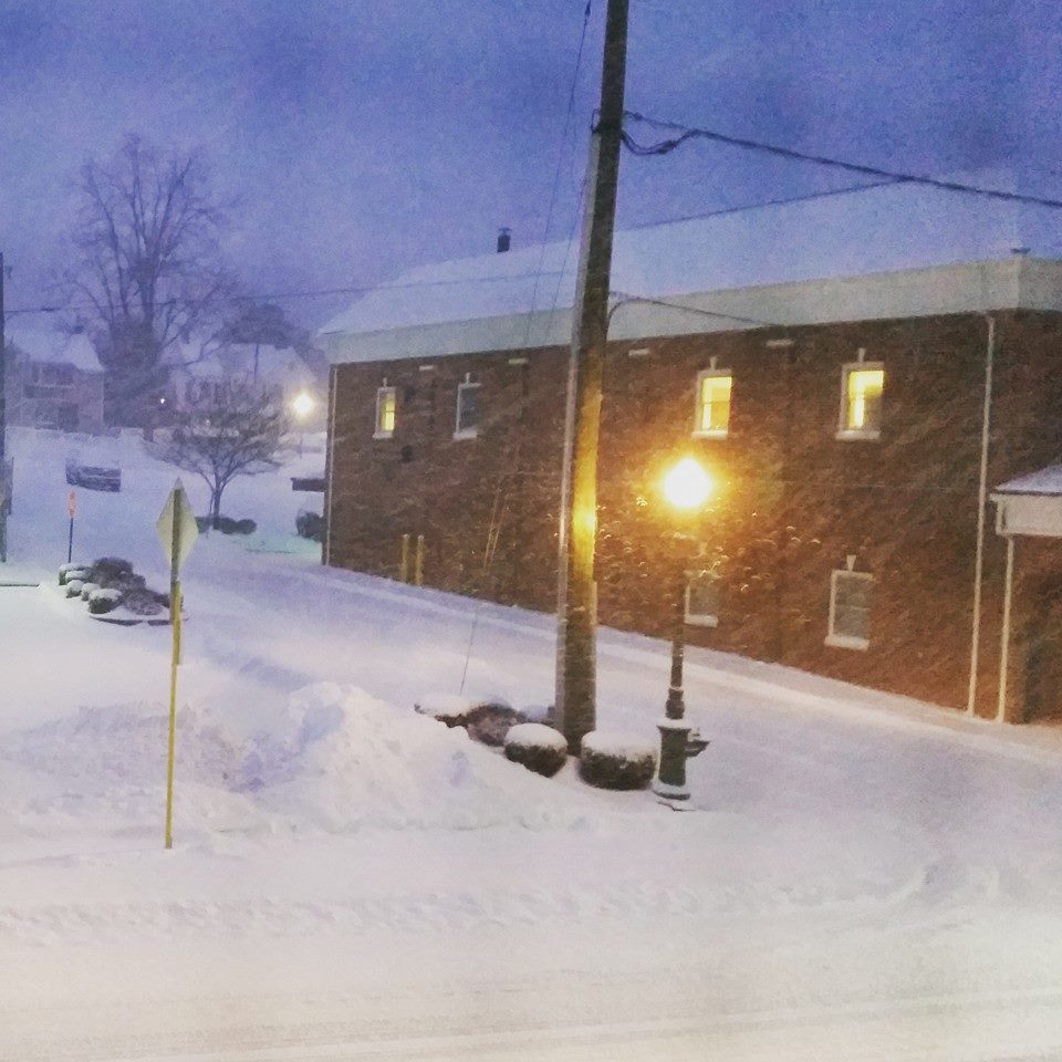 Friday, 1/22: Snow in the lamplight at twilight. So pretty and peaceful!