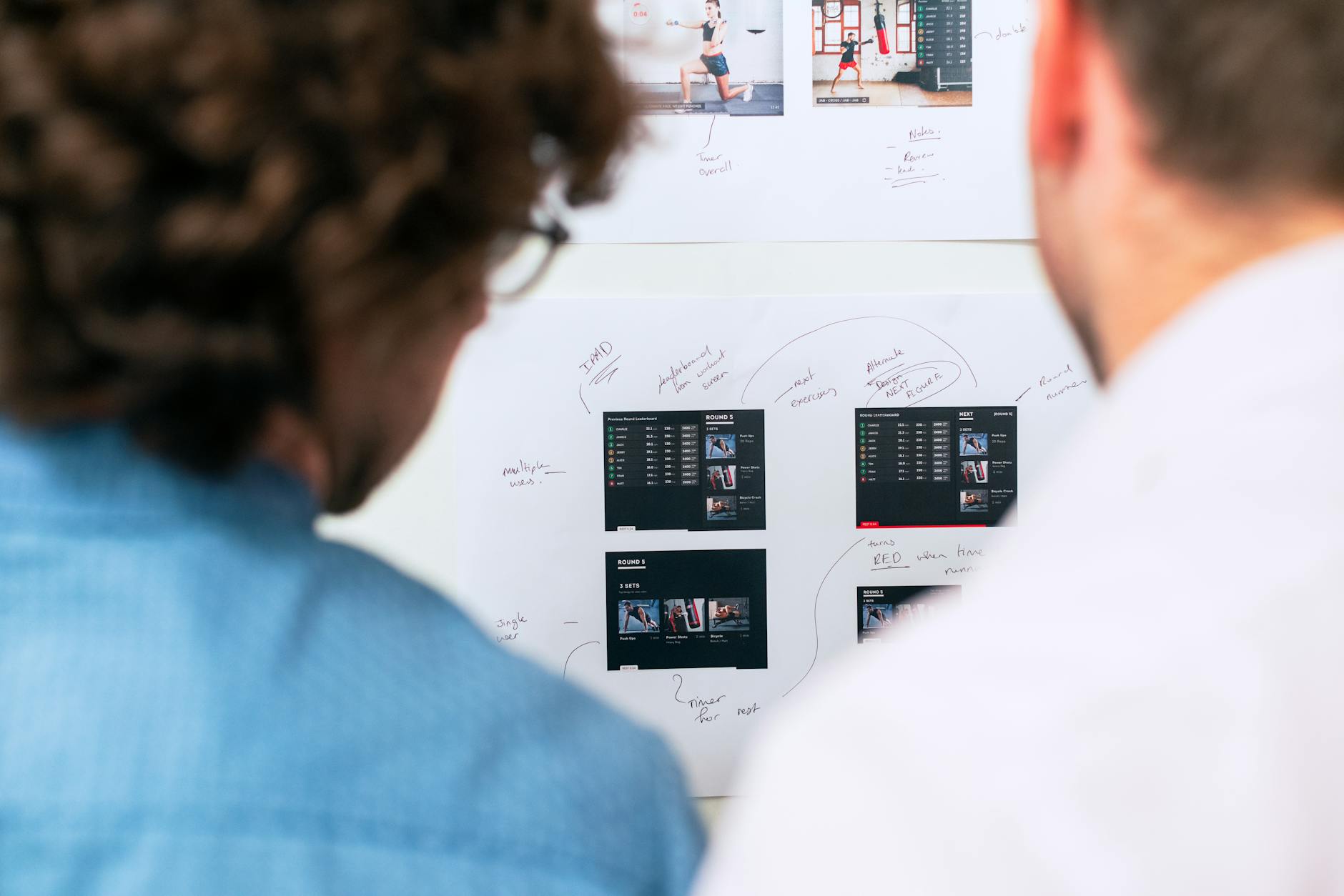 A development team collaborating around a desk with laptops and sticky notes.