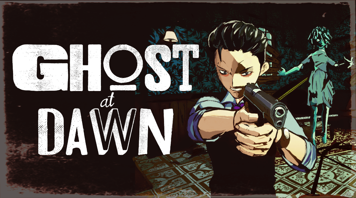 Ghost at Dawn logo with the main character to the right of it