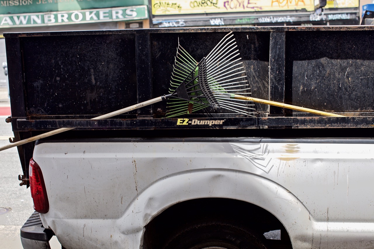 Rakes on the back of a truck on Mission Street